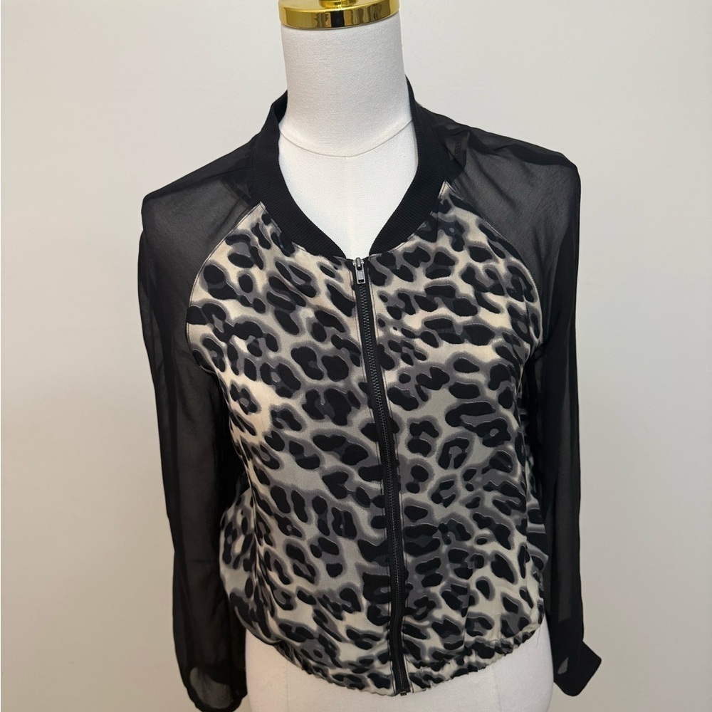 Leopard Print Sheer Sleeve Bomber Jacket Grunge Y2K - Picture 5 of 8